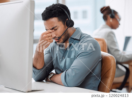 Call center, stress and man with headache for customer service complaint, mistake and fail. Telemarketing, migraine and tired consultant with fatigue, sick and burnout for tech support in crm office 120024813
