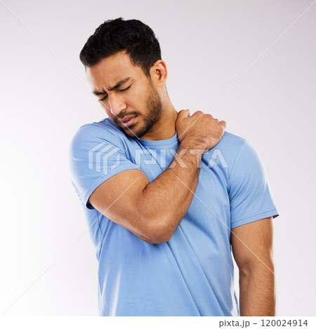 Back pain, asian man and hand in studio for spine, strain and muscle injury on white background. Inflammation, healthcare and neck from accident, male person and sprain trauma for body scoliosis 120024914