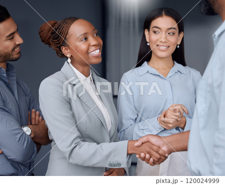 Deal, handshake and meeting with business people in office together for merger or partnership. B2B, collaboration or contract with corporate man and woman shaking hands for thank you or welcome 120024999