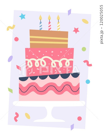 Happy birthday greeting card. Cute colorful party cake with candles. Vector illustration template Happy birthday greeting card. Cute colorful party cake with candles. Vector illustration template 120025055