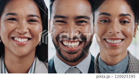 Collage, portrait and smile with business people in video call for corporate communication or collaboration. Diversity, face or montage of man and woman employee team in virtual meeting for planning Collage, portrait and smile with business people in video call for corporate communication or collaboration. Diversity, face or montage of man and woman employee team in virtual meeting for planning 120025195