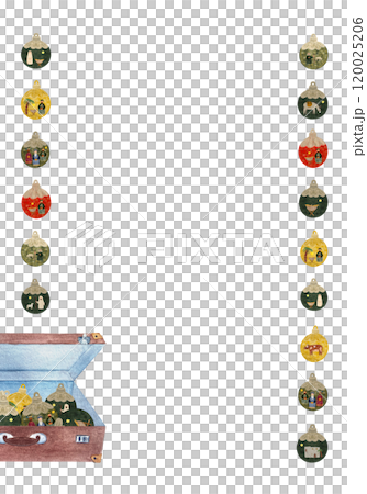 Christmas tree decorative ball in a vintage suitcase vertical frame isolated on white in watercolor. Illustration for posters, cards, stickers, posters, advent calendar, banner, New Year, stationary 120025206
