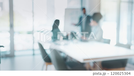 Blur, planning and business people in meeting, brainstorming and conversation for feedback. Group, employees and coworkers with discussion for agenda, review company and presentation for teamwork 120025304
