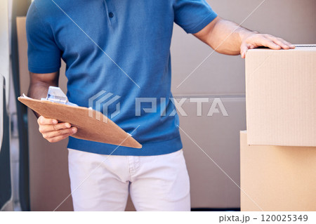 Van, package and delivery person with clipboard in outdoor for shipping, courier service or check cargo. Stock, logistics and employee with cardboard for export, distribution or commercial supplier Van, package and delivery person with clipboard in outdoor for shipping, courier service or check cargo. Stock, logistics and employee with cardboard for export, distribution or commercial supplier 120025349