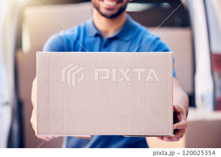 Hands, parcel and delivery man with box in outdoor for distribution, courier service or stock. Cargo, logistics and employee with cardboard package for export, shipping or commercial supplier 120025354