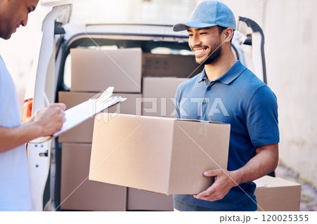 Logistics, delivery man and customer with clipboard for signature, agreement and proof of shipment. Courier service, male client and employee with paperwork, box parcel and package outdoor by van 120025355