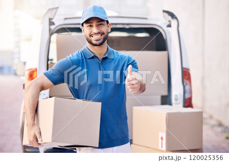 Logistics, thumbs up and delivery man in portrait with box, orders and package for supply chain. Outdoor, male employee and hand gesture for thank you, distribution and courier service by van 120025356