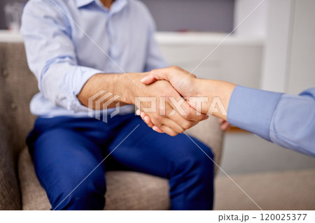Business people, teamwork and handshake for cooperation, partnership and b2b deal with company merger. Closeup, collaboration or success with professional, thank you and welcome with support or trust 120025377