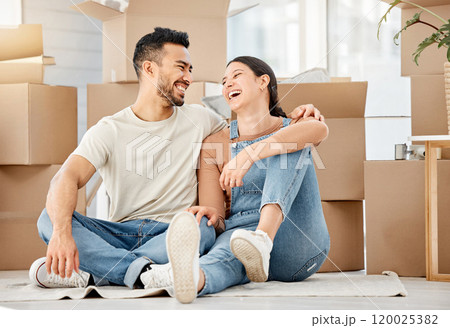 Couple, boxes and living room or happy on floor together, property investment and new home loan for rental apartment. Mortgage, packages and assets in lounge, real estate and opportunity with people Couple, boxes and living room or happy on floor together, property investment and new home loan for rental apartment. Mortgage, packages and assets in lounge, real estate and opportunity with people 120025382