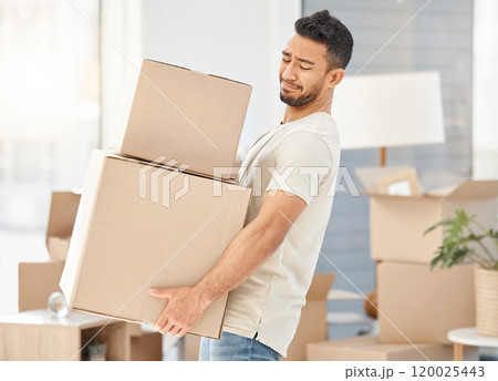 Man, boxes and house moving for property, walking with struggle or heavy cargo in apartment. Male person, carrying and cardboard container in home for real estate, difficult relocation for investment 120025443