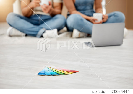 Break, color swatch and floor with couple in new home together for decoration, improvement or renovation. Coffee, laptop and relax with people in apartment for real estate choice or decision 120025444