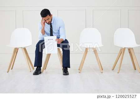 Recruitment, stress or businessman with resume in waiting room or job interview, opportunity or meeting at hr office. Hiring, anxiety or employee with onboarding, fear or overthinking cv mistake 120025527