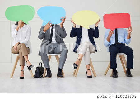 Speech bubble, mockup and business people in waiting room for recruitment, offer or onboarding news. Hiring, information or employees at hr office with space sign, faq or job interview contract offer Speech bubble, mockup and business people in waiting room for recruitment, offer or onboarding news. Hiring, information or employees at hr office with space sign, faq or job interview contract offer 120025538