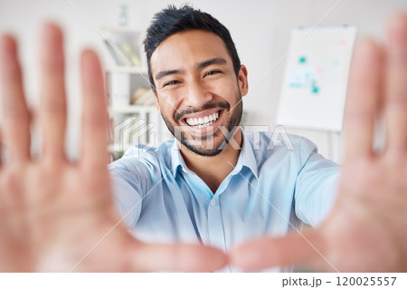 Face, selfie and smile with business man in office for social media, status update or profile picture. Happy, photograph and portrait with professional employee in agency or company workplace 120025557