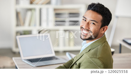 Portrait, man and happy in home with laptop for remote work as copywriter for career or job growth. professional, freelancer and smile or confident on online or internet with ambition and pride 120025558