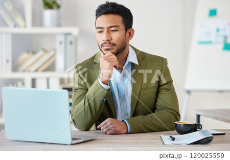 Man, thinking and laptop with hand for idea, mission or goal for business career. Male accountant, thought or research in office with planning, contemplating solution for corporate company or project Man, thinking and laptop with hand for idea, mission or goal for business career. Male accountant, thought or research in office with planning, contemplating solution for corporate company or project 120025559