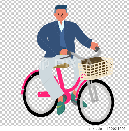 A full-body image of an intimidating man in formal attire with a two-block haircut and carrying a second bag, riding a bicycle with his legs spread apart. 120025691