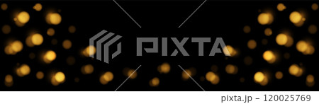 Vector horizontal banner many Golden bokeh circles, golden particle on black background. Yellow and Orange light circular design along the down edge of the banner. Background with copy space. 120025769