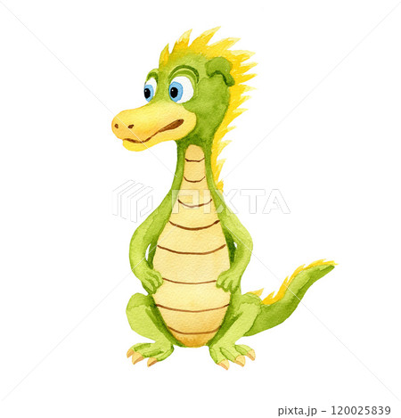 Green and yellow dragon. Isolated watercolor illustration on white background. For baby shower design, postcard, wrapping, invitations, cards, posters 120025839
