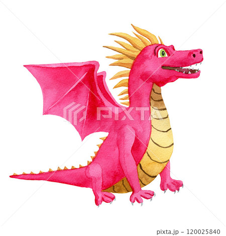 Bright pink dragon with wings. Watercolor illustration on white background. For baby shower design, postcard, wrapping, invitations, cards, posters 120025840