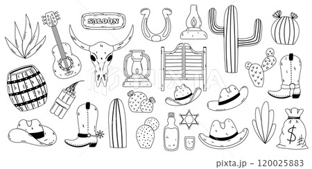 Black and white illustration set featuring Western themed icons, including cacti, cowboy hats, boots, a saloon sign, and other classic symbols. Perfect for vintage designs, Western themes, and Black and white illustration set featuring Western themed icons, including cacti, cowboy hats, boots, a saloon sign, and other classic symbols. Perfect for vintage designs, Western themes, and 120025883