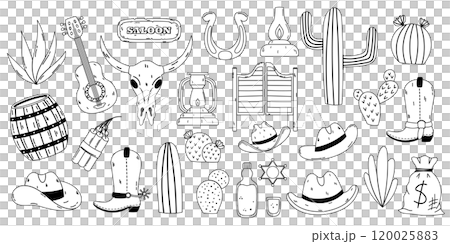 Black and white illustration set featuring Western themed icons, including cacti, cowboy hats, boots, a saloon sign, and other classic symbols. Perfect for vintage designs, Western themes, and Black and white illustration set featuring Western themed icons, including cacti, cowboy hats, boots, a saloon sign, and other classic symbols. Perfect for vintage designs, Western themes, and 120025883