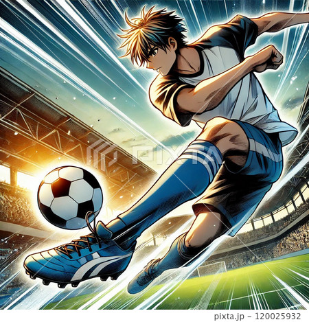 シュートをするイケメンサッカー選手 120025932