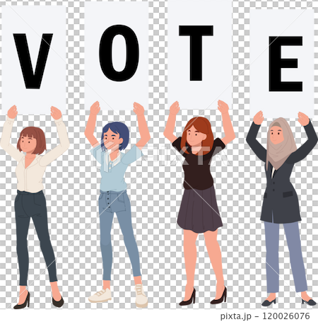 Four women hold a "VOTE" sign, raising awareness for election participation and voting rights. Four women hold a "VOTE" sign, raising awareness for election participation and voting rights. 120026076