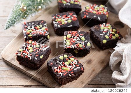 Christmas brownie on wooden table. Christmas brownie on wooden table. 120026245