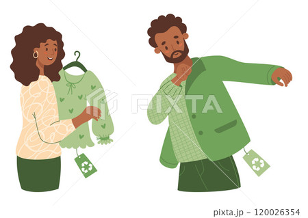 Shopping eco-friendly clothes. Black ethnic man trying on jacket and woman buying with blouse made from recycled material. Concept sustainable fashion. Vector illustration. Isolated buyer character. 120026354