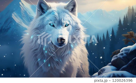幻想的な雪山にたたずむ青い瞳の白狼のイラスト素材 [120026396] - PIXTA
