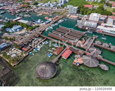 Aerial drone view of commercial pier and fisherman village at Semporna, Malaysia Aerial drone view of commercial pier and fisherman village at Semporna, Malaysia 120026406