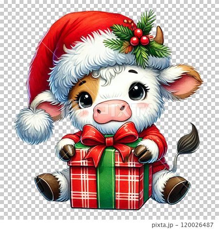 Cute cow in Christmas attire with gift Cartoon illustration for Christmas. Cute cow in Christmas attire with gift Cartoon illustration for Christmas. 120026487