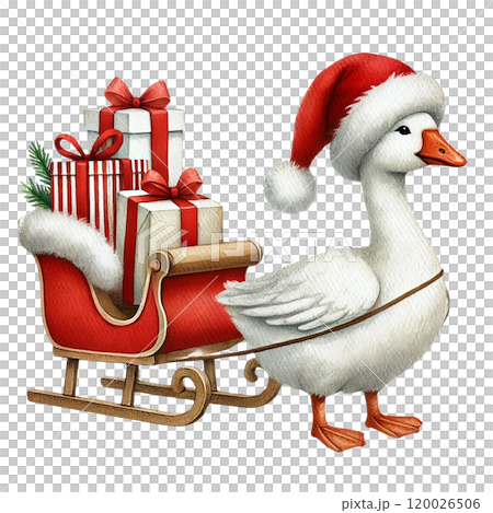 Goose with sleigh full of Christmas gifts Cartoon illustration for Christmas. 120026506