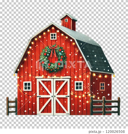 Red barn decorated with wreath and lights Cartoon illustration for Christmas. Red barn decorated with wreath and lights Cartoon illustration for Christmas. 120026508