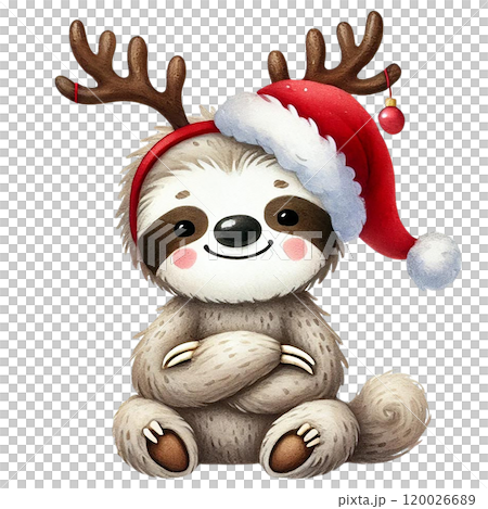 Cute sloth wearing a Santa hat and reindeer antlers, joyful and festive. 120026689