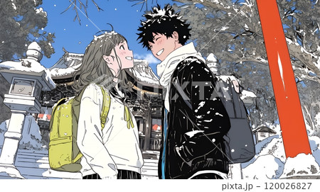 初詣をしている若い恋人カップル