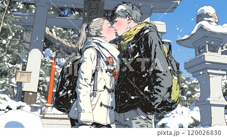 初詣をしている若い恋人カップル