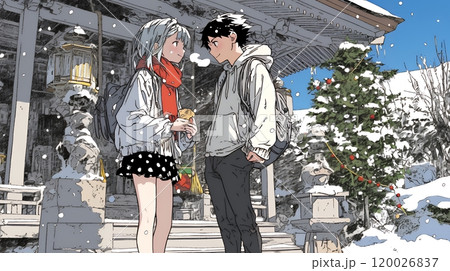 初詣をしている若い恋人カップル