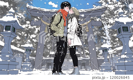 初詣をしている若い恋人カップル