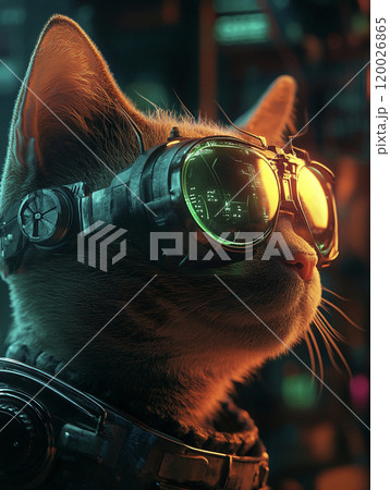 ゴーグルをつけたサイバーパンク調の猫 AI画像 ゴーグルをつけたサイバーパンク調の猫 AI画像 120026865