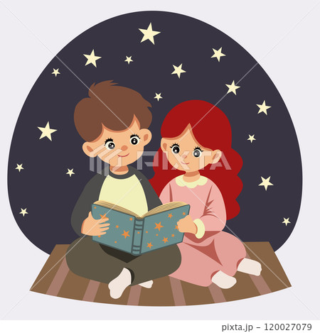 Little boy and girl reading a book under the starry sky. Vector illustration. Little boy and girl reading a book under the starry sky. Vector illustration. 120027079