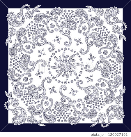 Blue and white scarf or bandana design with paisley mandala pattern and floral elements Blue and white scarf or bandana design with paisley mandala pattern and floral elements 120027191