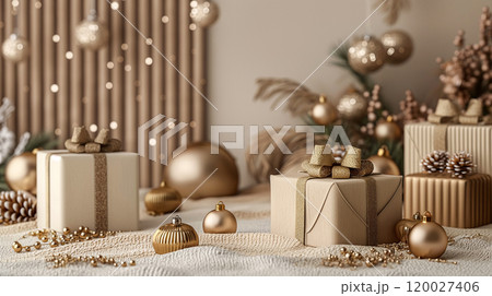 Christmas beige, gold podium with Christmas trees, decorations, gifts. Generative AI 120027406