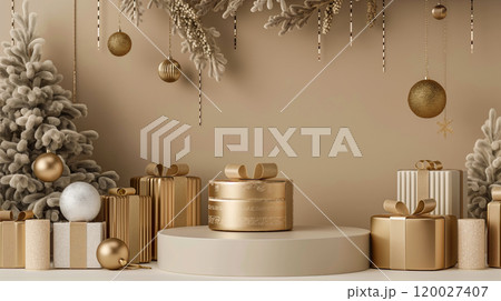 Christmas beige, gold podium with Christmas trees, decorations, gifts. Generative AI 120027407