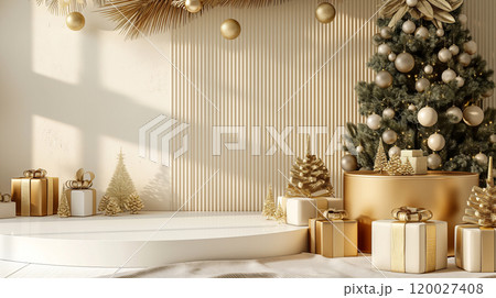 Christmas beige, gold podium with Christmas trees, decorations, gifts. Generative AI 120027408