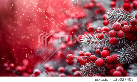 Christmas background with red berries, frosted greenery, cozy winter backdrop. Generative AI 120027409