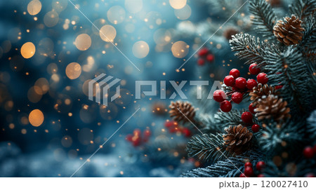 Holiday background with Christmas tree with ornaments, red berries, glowing lights. Generative AI 120027410