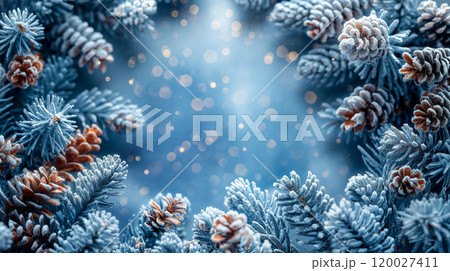 Christmas blue winter background framed by frosty pinecones, evergreen branches. Generative AI 120027411