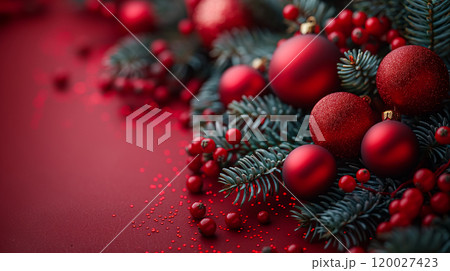Christmas holiday background with red ornaments, green branches on red background. Generative AI 120027423